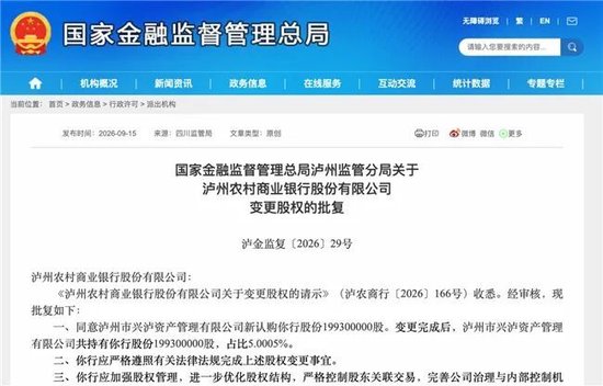 泸州农商银行获批增资至39.8亿元，泸州老窖集团、兴泸资产认购，持股均超5%